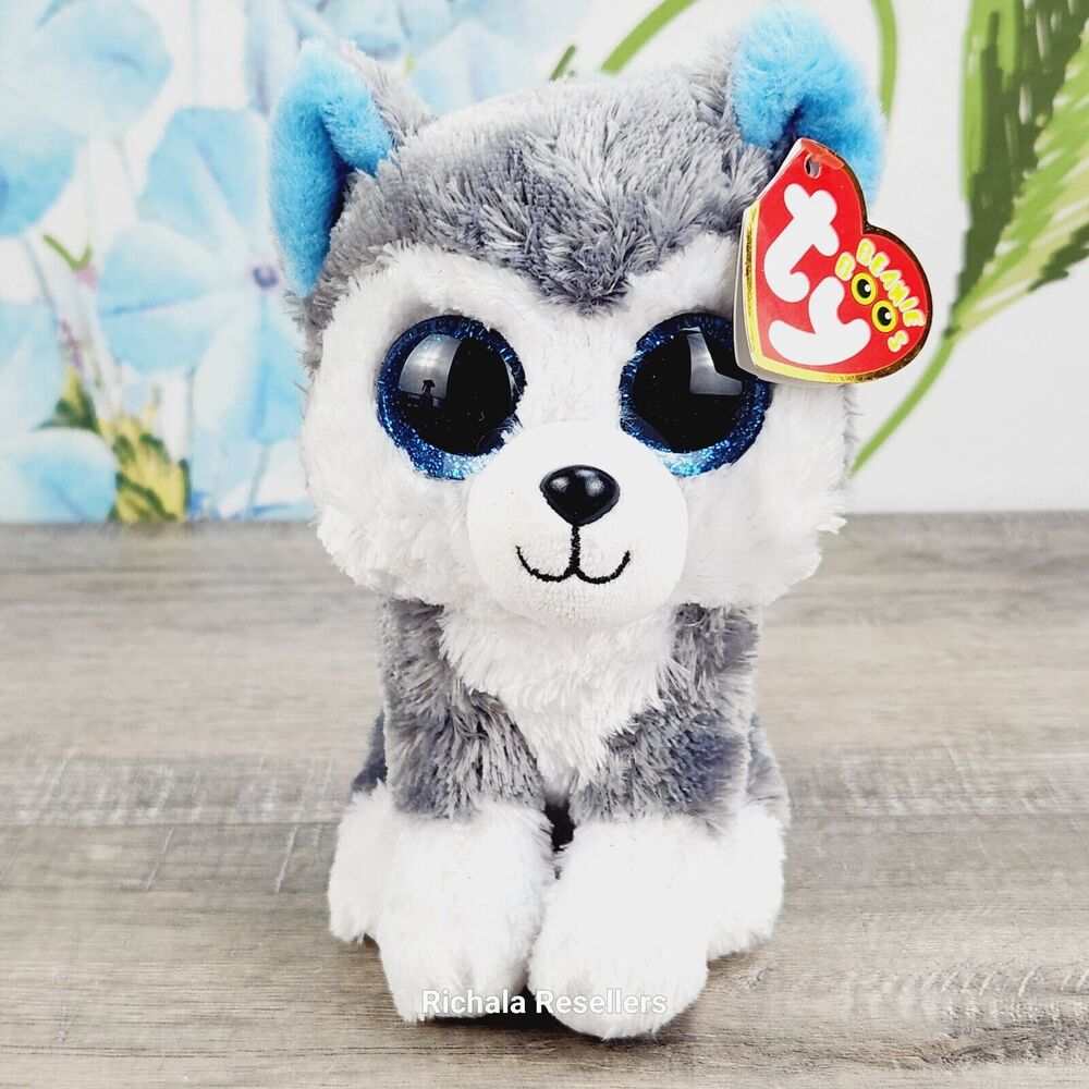 TY Beanie Boos Slush The Husky Dog Plush 6" Blue Glitter Eyes Stuffed Animal